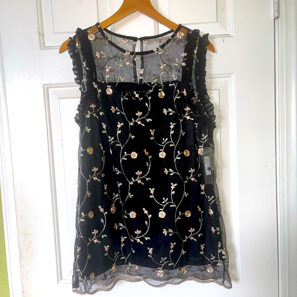 Cirana blouse with growing flower vines stitched over sheer layer, ruffle sleeve